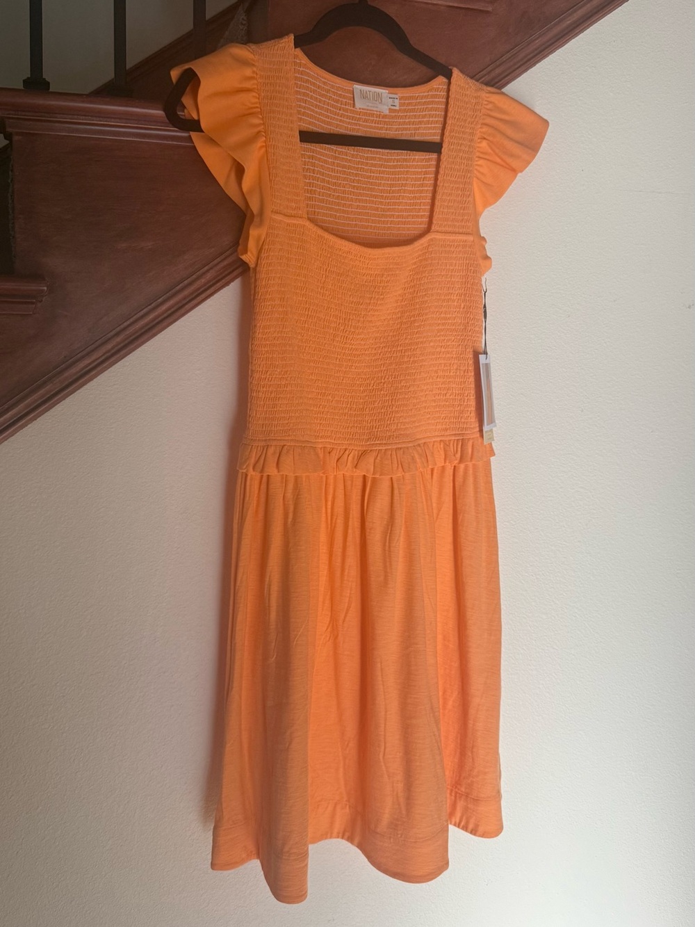 Nation LTD Orange Midi Dress with Ruffle Waist/Shoulders